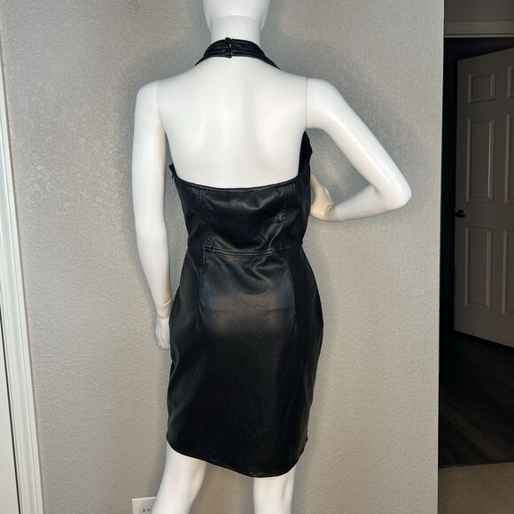 Heartloom Size M Faux Leather Moto Knee Length Halter Dress Black - Picture 4 of 7